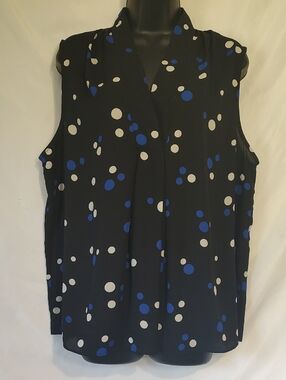 Sleeveless Black Polka Dot V-Neck Top with Blue & White Dots